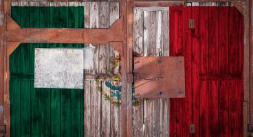 Close-up of old warehouse gate with national flag of Mexico