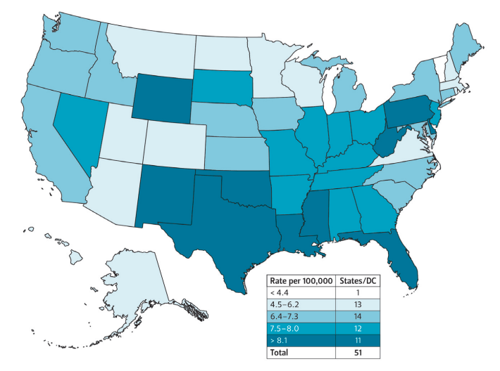 Map of the U.S. labeled with states labeled by the incidence of cervical cancer in 2011