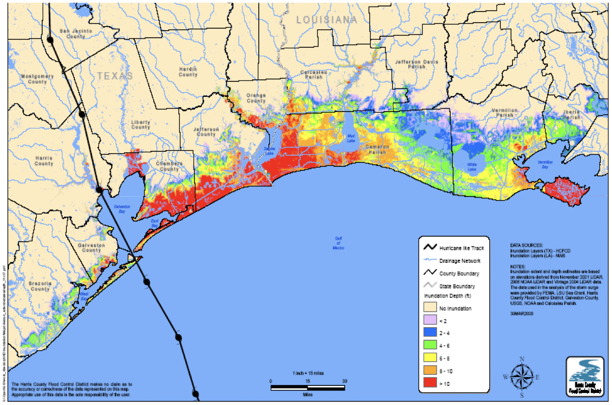 This map compares inundation depths along the Gulf Coast during Hurricane Ike.