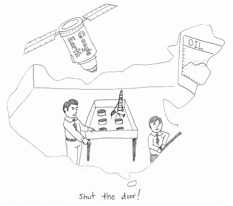 Drawing of satellites investigating oil activity