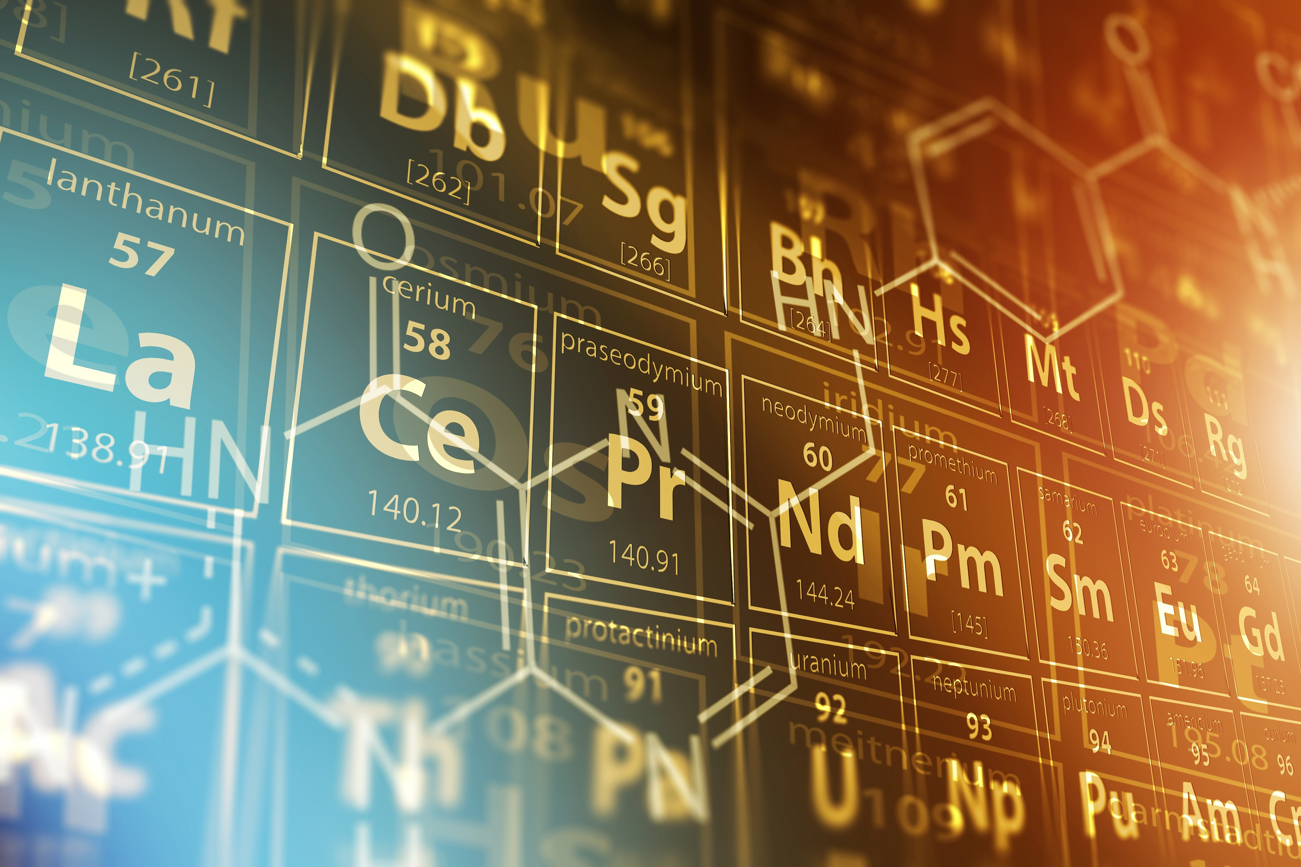Rare earth elements are in focus on a periodic table. 