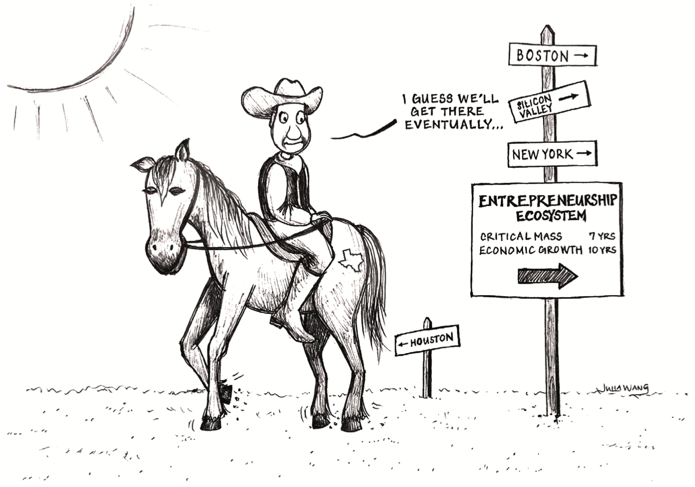 This drawing depicts a cowboy on a horse hoping Houston will catch up with other cities' entrepreneurship opportunities someday.