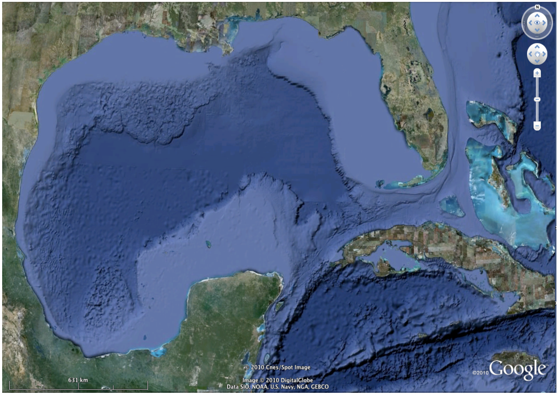 Satellite image of the Gulf of Mexico showing continental shelves, slopes, and escarpments, as well as the deepwater zone in the center.
