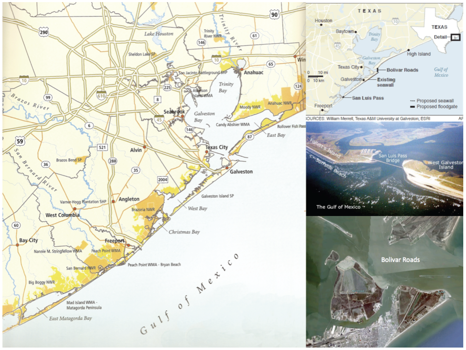 These figures show the location and appearance of barrier islands in the Houston-Galveston coastal area.