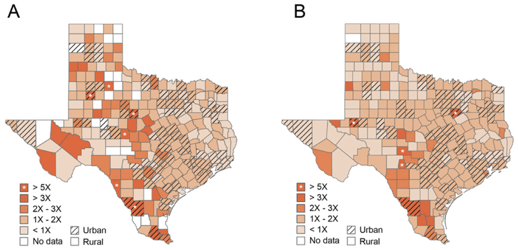 These maps compare racial disparities in vaccination rates by Texas county.