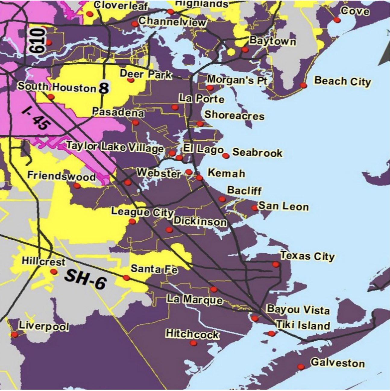 Figure 1. The projected inundated area (in purple) from a weak Cat 4 (FEMA Storm 36) coming ashore at the worst location for Houston