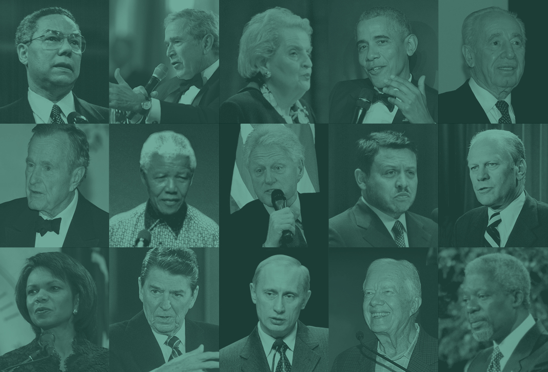A grid of photos portraying major speakers such as Colin Powell, Bill Clinton, George Bush, and others.