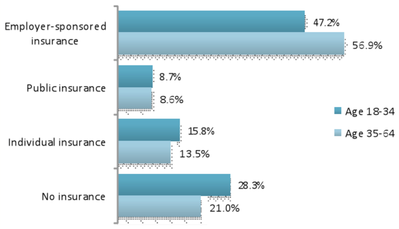 This graph compares insurance status in Texas in September 2013 by type and age group.