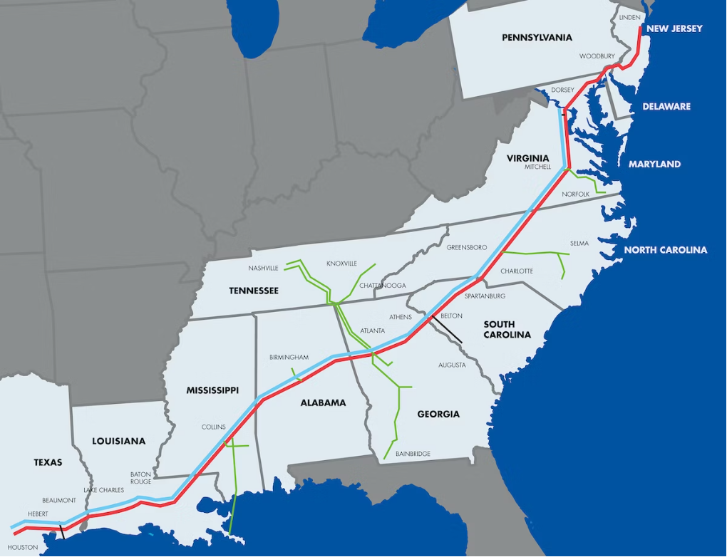 map showing route of Colonial Pipeline