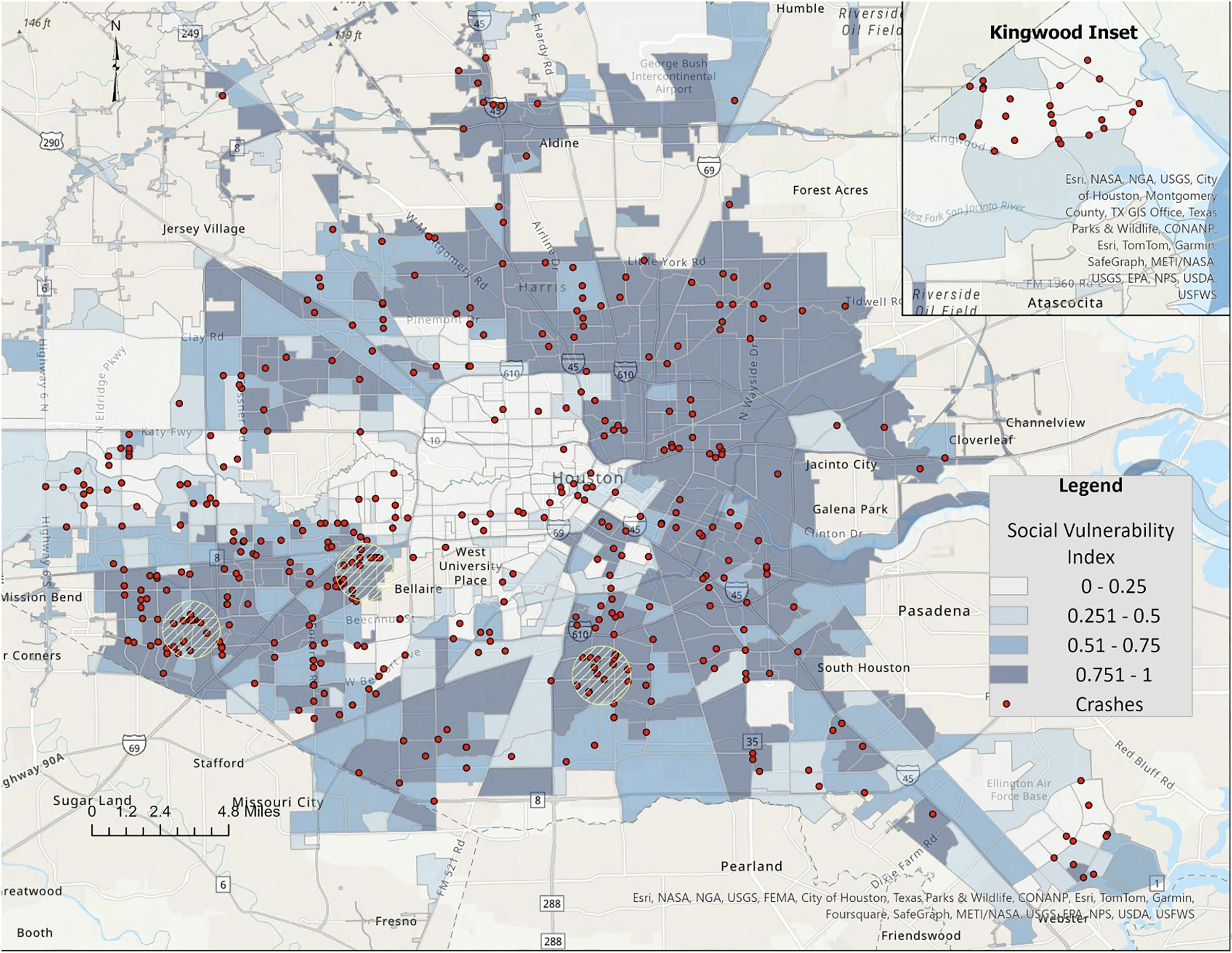 Map of Houston showing association between social vulnerability and crash density