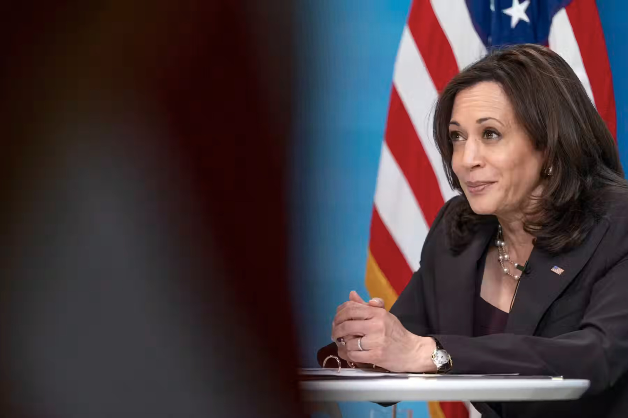 Kamala Harris seated with U.S. flag in background