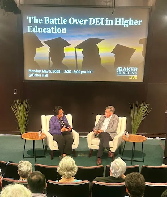 Ruth Simmons and David Satterfield onstage at Baker Institute armchair discussion.