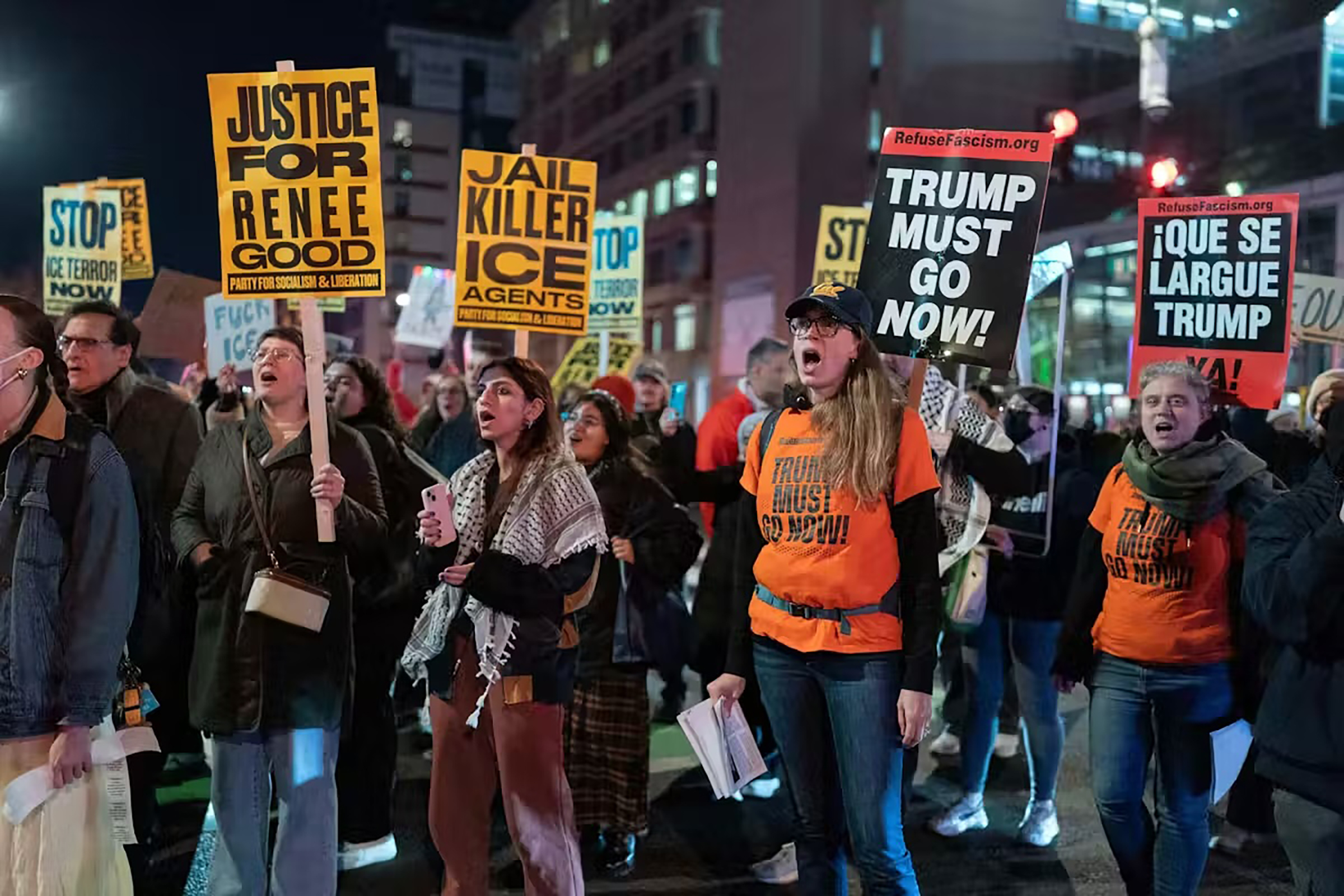 Demonstrators rally before marching to the White House in Washington on Jan. 8, 2026.