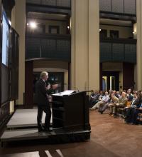 Wide shot of the Doré Commons during a Shell Distinguished Lecture Series event featuring Wim Thomas
