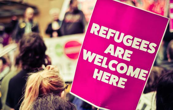 Refugees are welcome here protest sign