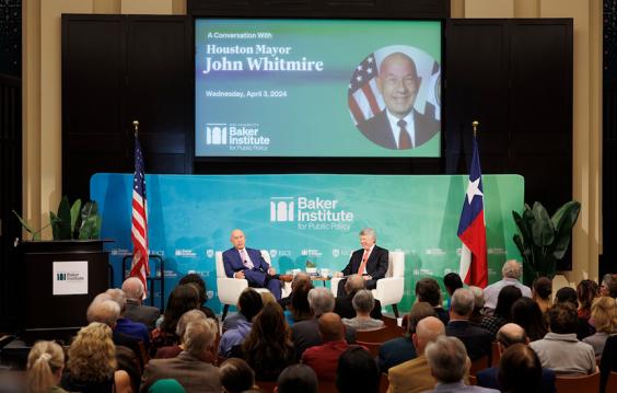 Photo of John Whitmire and Ed Emmett onstage at Baker Hall.