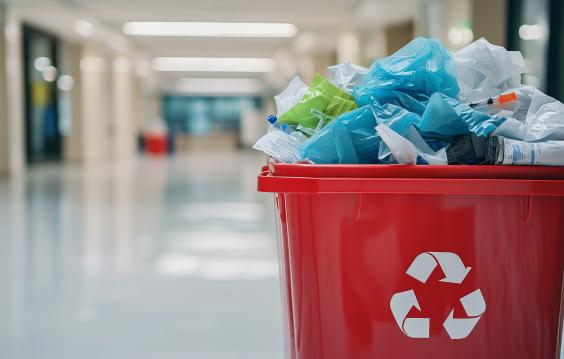 Recycling bin in a hospital filled with medical waste
