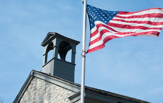 Church with American flag. 