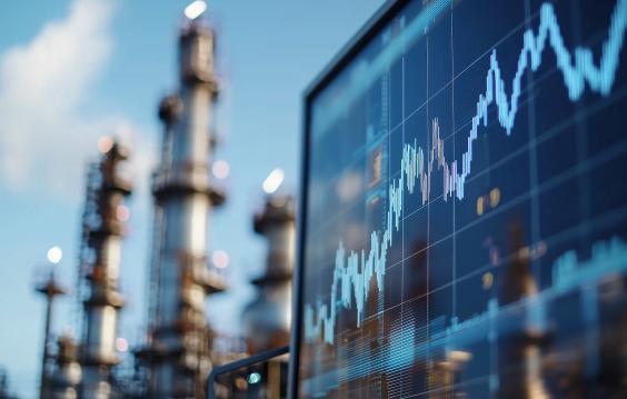 Screen showing oil data chart near oil refining infrastructure