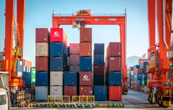 Shipping containers stacked on a cargo ship.