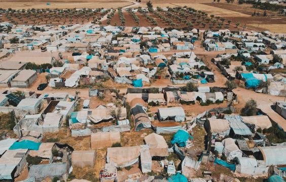 Aerial view of hundreds of tents inhabited by Syrian refugees for years due to the war that destroyed their homes.