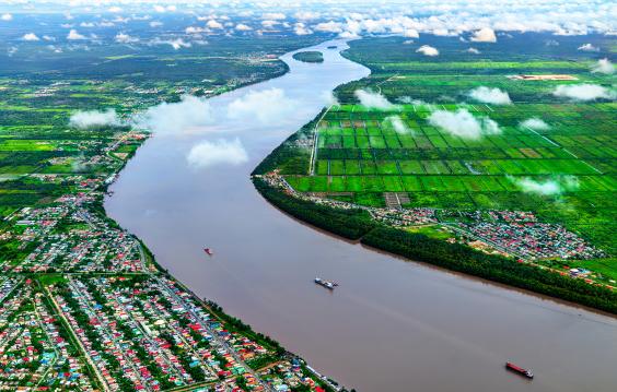 Aerial view of the Demerara river south of Georgetown in Guyana, South America 