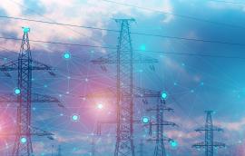 AI-generated image of data web over electric power lines