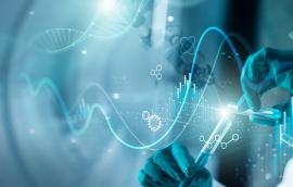 scientist in lab with superimposed scientific symbols 