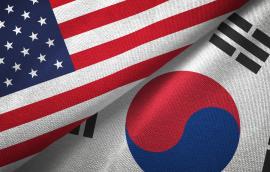 United States and South Korea two flags textile cloth, fabric texture