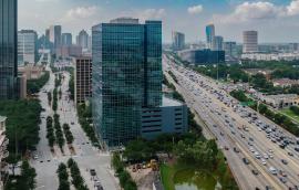 Aerial view of uptown Houston cityscape and Interstate 610