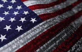 Waving national flag of the United States of America. Woven flag concept animation with digital binary numeric computer code running through the flag.