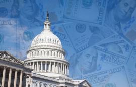 US Capitol building with dollar bills in background