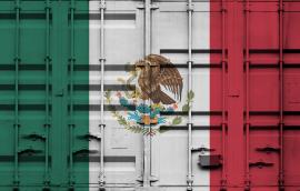 Shipping container with Mexican national flag overlay.