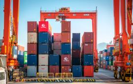 Shipping containers stacked on a cargo ship.