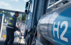 Man fueling truck with liquid hydrogen