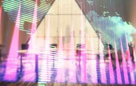Double exposure of stock market graph with globe hologram on conference room background
