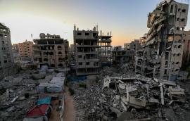 Damaged buildings and rubble in Gaza.