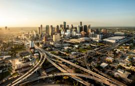 Houston city, aerial shot at sunset
