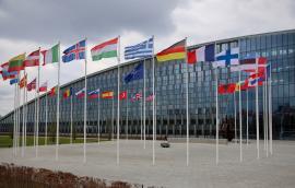 The national flags of countries member of the NATO fly outside the organisation headquarters in Brussels, Belgium on April 20 2023.