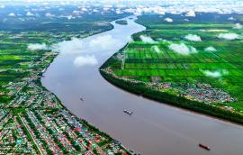 Aerial view of the Demerara river south of Georgetown in Guyana, South America 