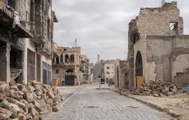 City of Aleppo and destroyed building in Syria.