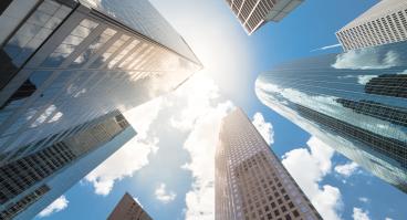 An upward view of Houston's skyscrapers.