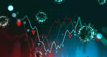 Graph of stock market downturn with coronavirus superimposed