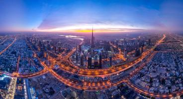 An aerial view of the Dubai skyline.