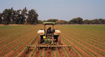 A tractor fertilizes crops.
