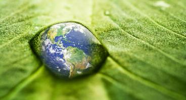 A reflection of Planet Earth appears on a water drop on a leaf.