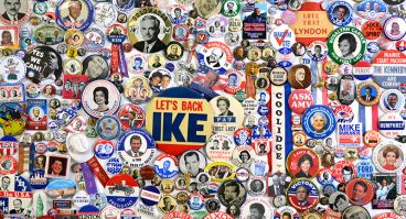 An assortment of campaign buttons from a variety of US elections and political pursuits are displayed in a collage 