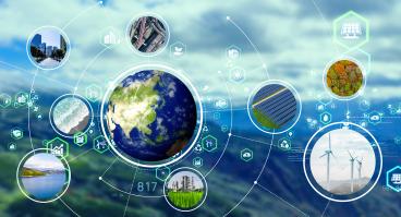 Energy transitions concept: photos and icons represent solar, wind and other alternative resources