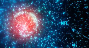 A globe and universe shaped by networks of the word "NFT."