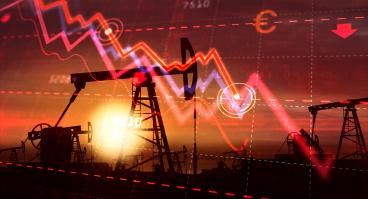 A graph of a market crash overlays a pumpjack.
